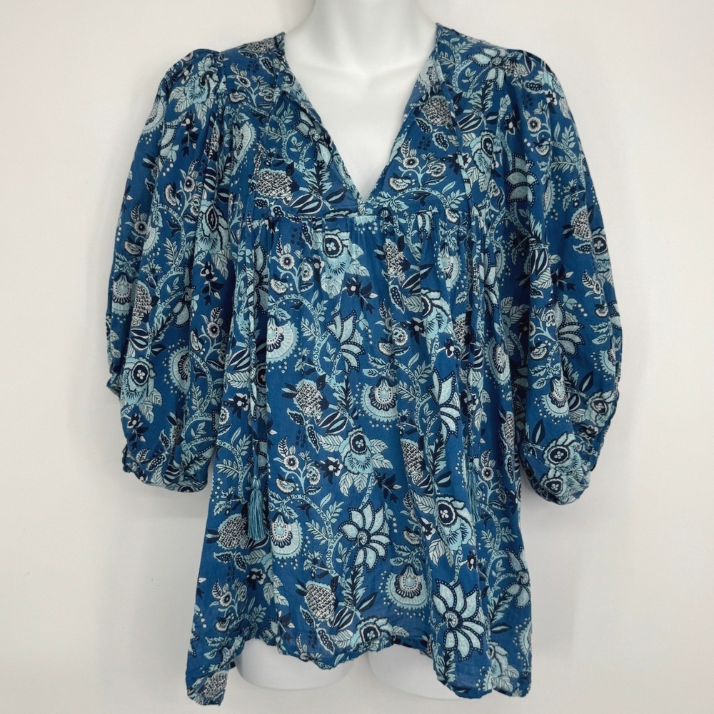 Mille Thalia Top Size Small French Blue Floral Boho Puff Sleeve Tie Neck Blouse